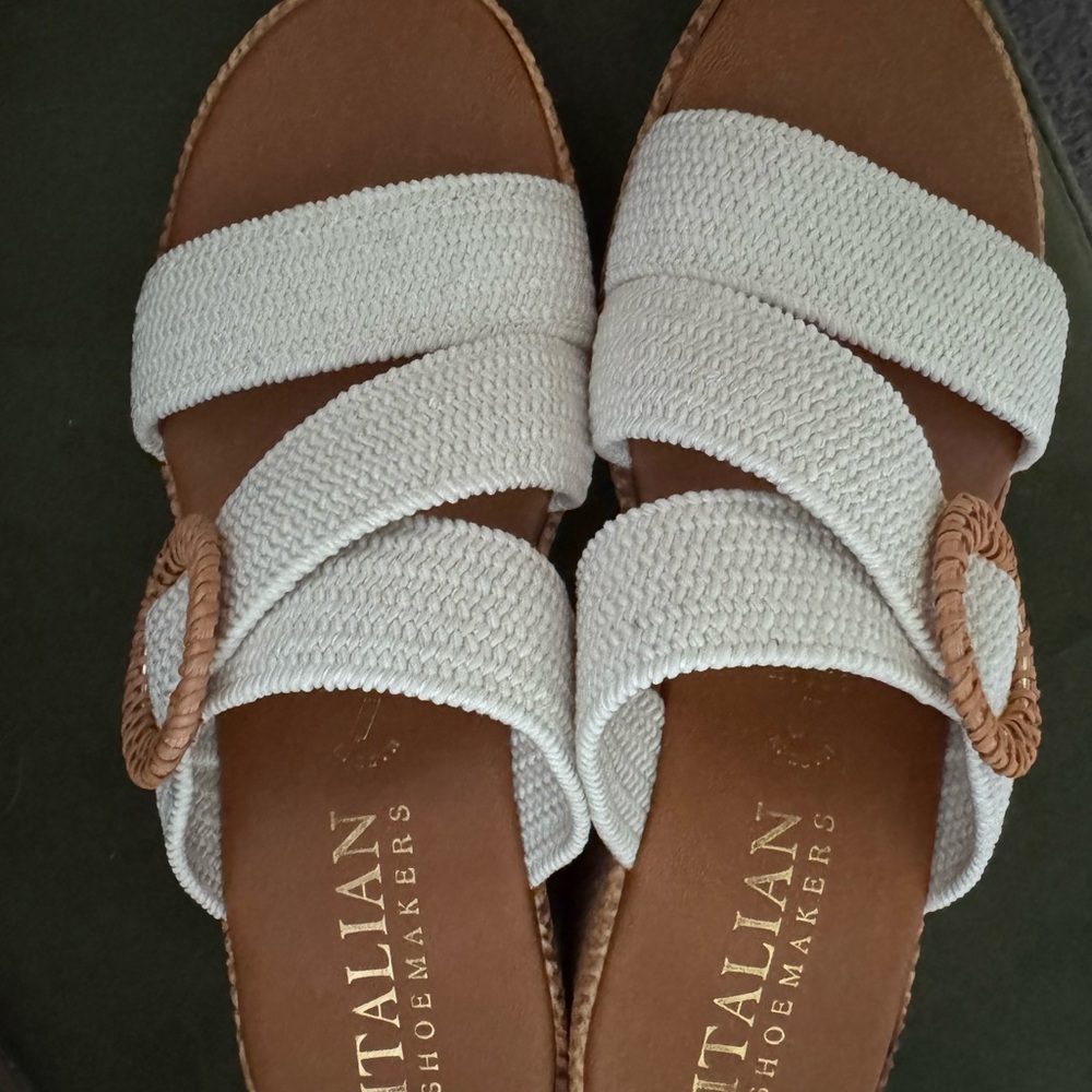 Italian Shoemakers Cream Woven Strap Sandals with Tan Buckle